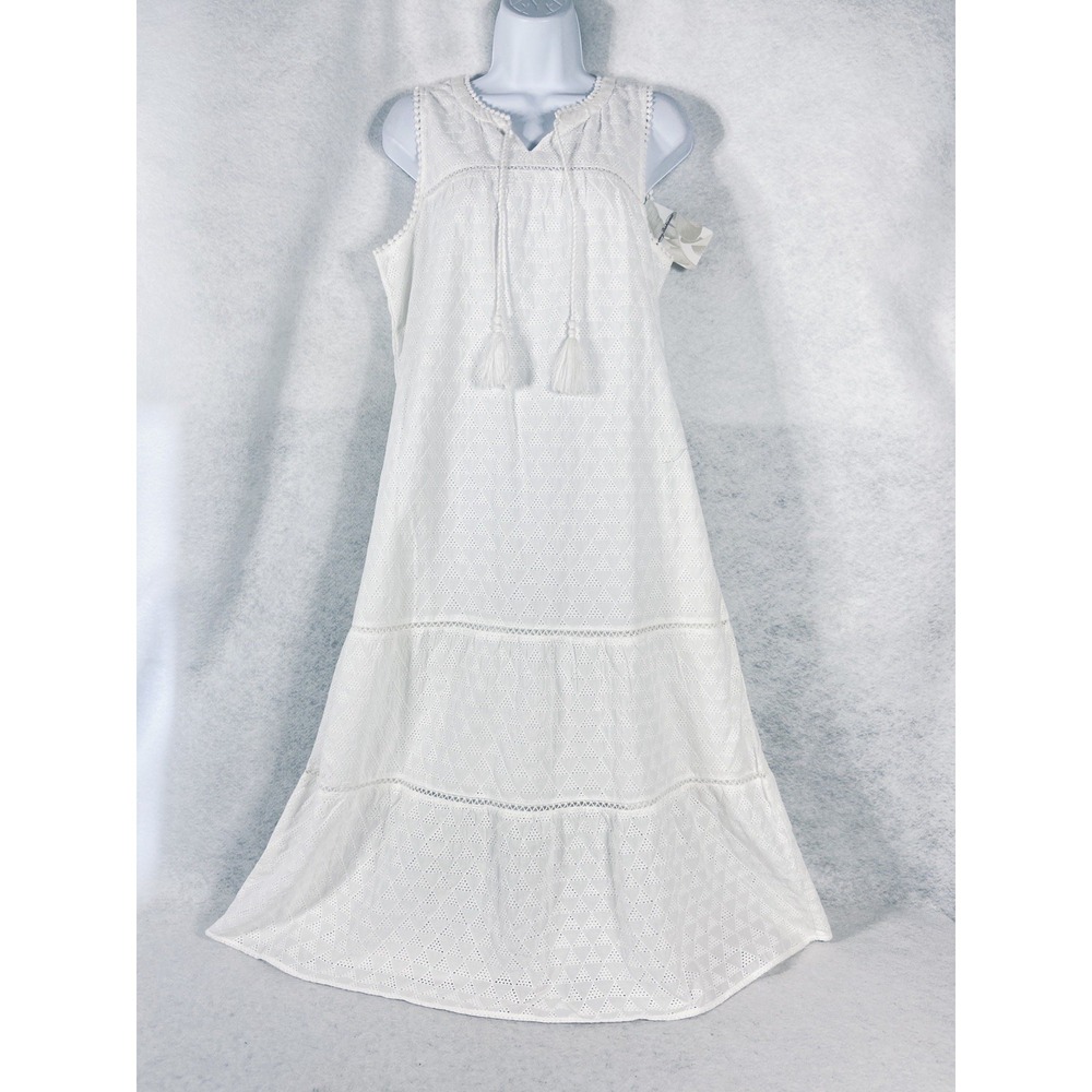 Tommy Bahama Dress Women's Small White Shift Eyelet Midi Tiered Sleeveless‎ New